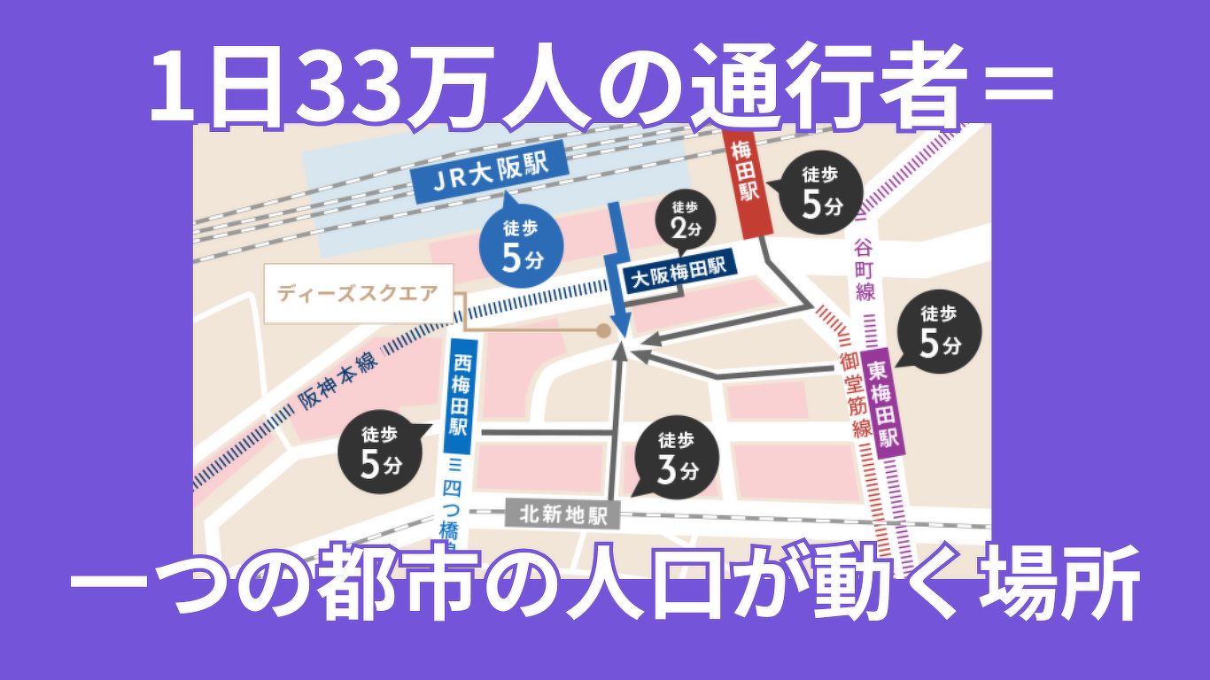 「梅田の中心、円形広場に隣接するディーズスクエア。毎日33万人という、ひとつの街に匹敵する人々がここを行き交います。」